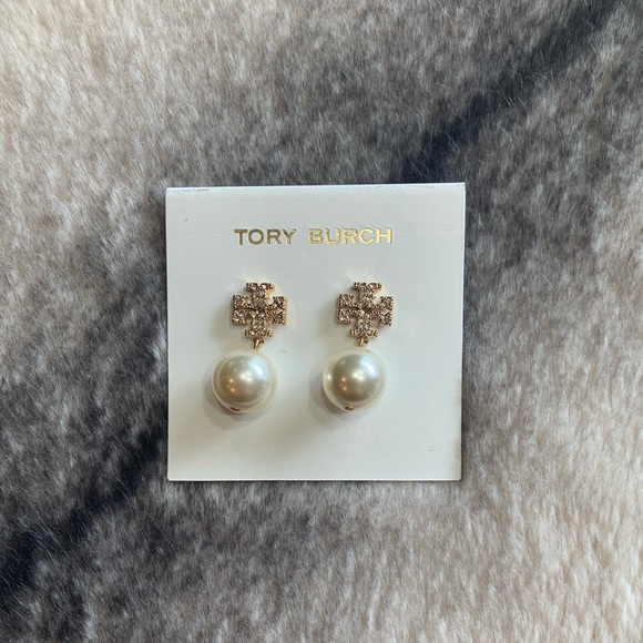 Tory Burch Jewelry - { Tory Burch } Pearl Logo Crystal Drop Earrings